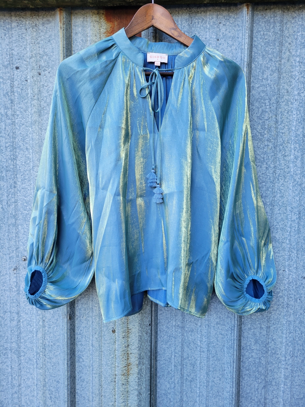 Ciebon Teal Blouse with Metallic Gold Sheen and Tassel Tie